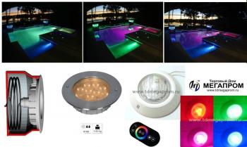 Пример RGB цветной подсветки бассейна закладными и накладными подводными светодиодными светильниками типа СДП с IP68. Управление от внешнего RGB LED контроллера. Электропитание электробезопасным напряжением DC12В через источник питания от сети 220В. Пример RGB цветной подсветки