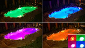 Подводная светодиодная подсветка в бассейне с использованием RGB полноцветных светодиодных подводных светильников СДП накладного и закладного типа. Дистанционное управление цветом, скоростью, алгоритмами и выбор цветов осуществляется с помощью специализированного RGB LED контролера RF и радиопульта. Подводная светодиодная подсветка в