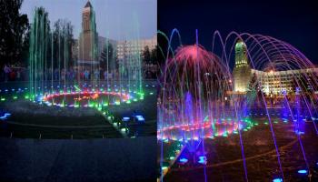 RGB полноцветная подсветка фонтана в с использованием RGB светодиодных герметичных светильников (подводные светодиодные фонари). Группы подводных фонарей подсвечивают зоны фонтана из малых струй изменяющимися цветами. RGB полноцветная подсветка фонтана