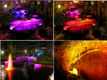 Подсветка ландшафтного водоема герметичными светодиодными RGB светильниками с поворотным кронштейном. Подсветка ландшафтного водоема герметичными