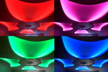 Декоративная интерьерная подсветка потолка с использованием RGB гибких светодиодных лент и RGB контроллера для изменения цвета и оттенков подсветки. Декоративная интерьерная подсветка потолка